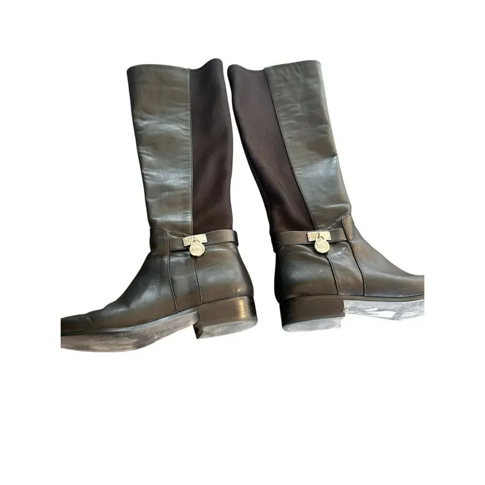 Michael Kors Hamilton Riding Boots Black /Silver Logo Size 6.5 M